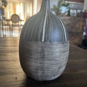 Bellied Shape Ceramic Vase With Textured Lines Brown